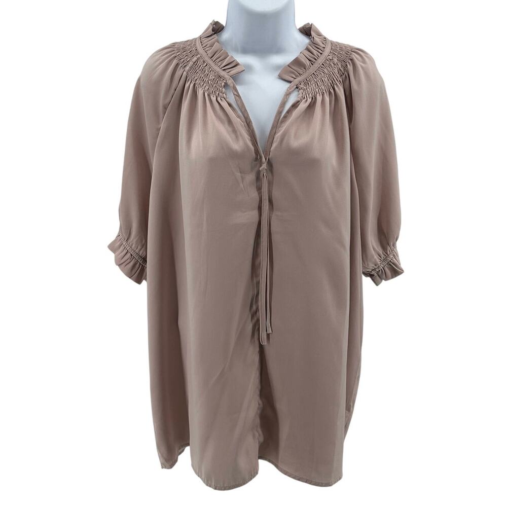 Womens Blouse SZ XL Puff Short Sleeves Tie Neck Ruffle Neck Pullover Dusty Rose